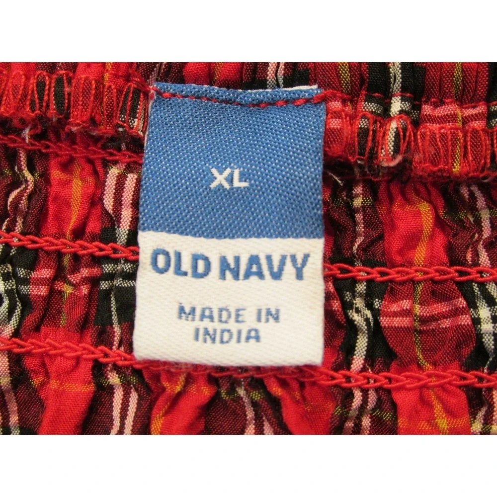 Old Navy Women XL Red Plaid Peasant Top Puff Sleeve Smocked Modal Blouse